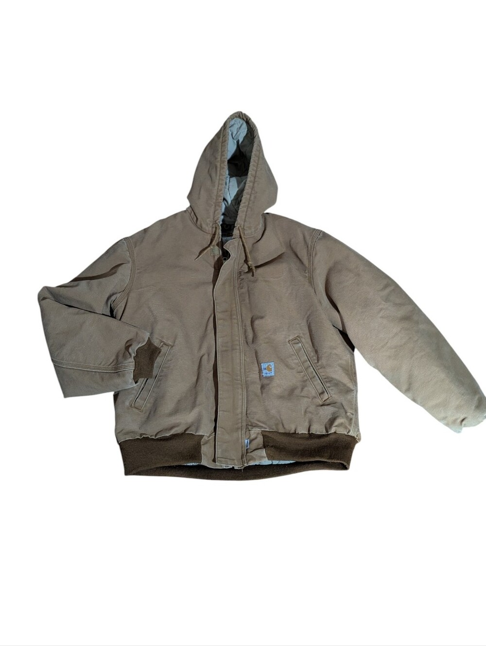 vtg Carhartt Tan Hooded Insulated Work Jacket FRJ184 Flame Resistant Sz L